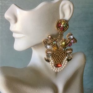 NWT Bedazzled Reindeer Beaded Earrings Handmade in India